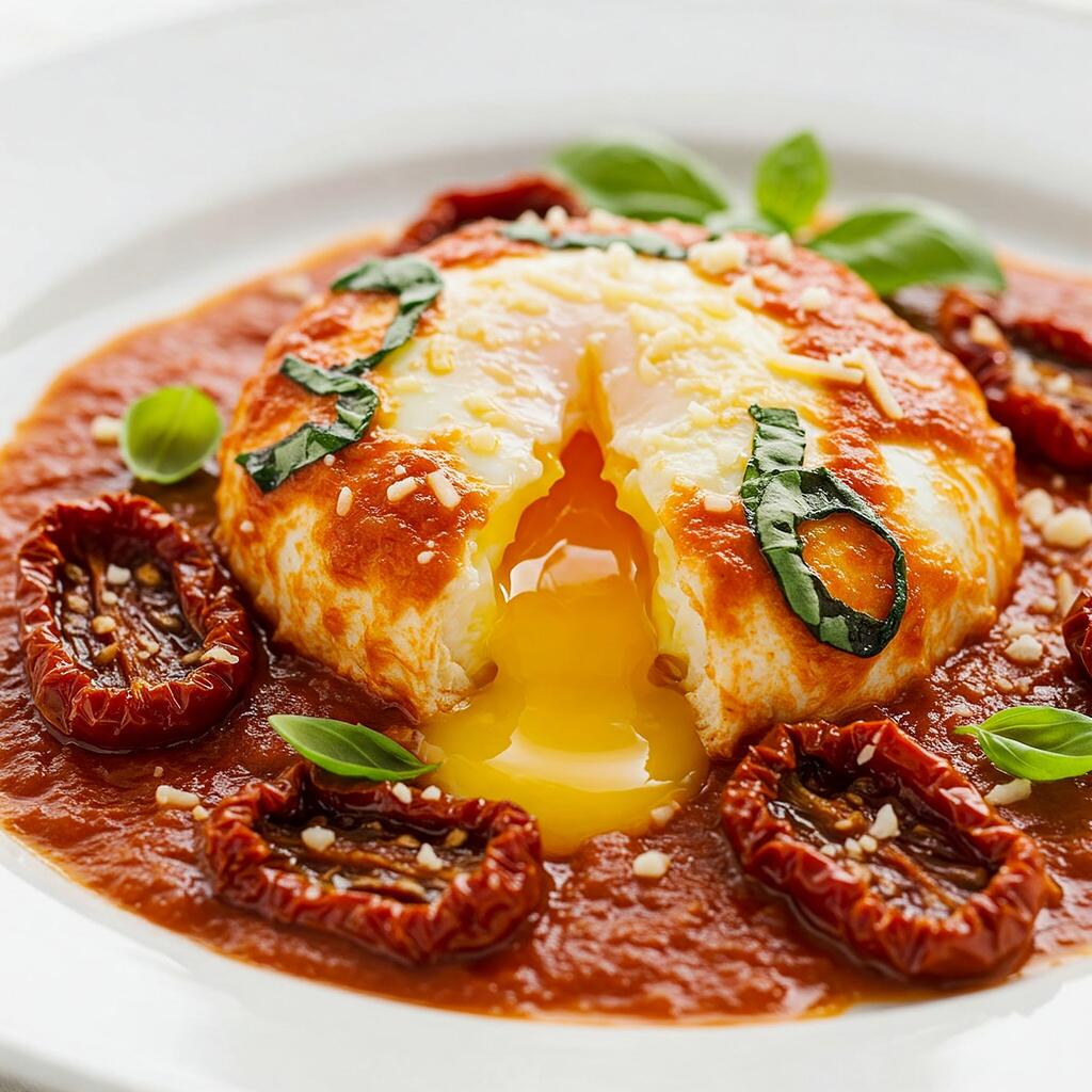 A close-up of Trieste-style egg served on a plate, featuring a soft poached egg with a flavorful sauce and garnishes.
