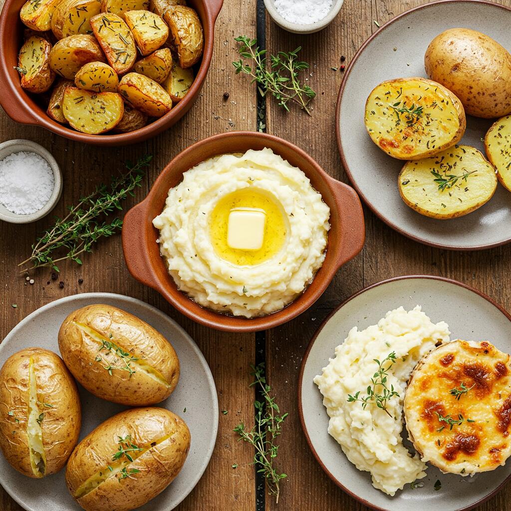 An assortment of delicious potato recipes displayed on a wooden table, including roasted, mashed, and baked potato dishes garnished with fresh herbs