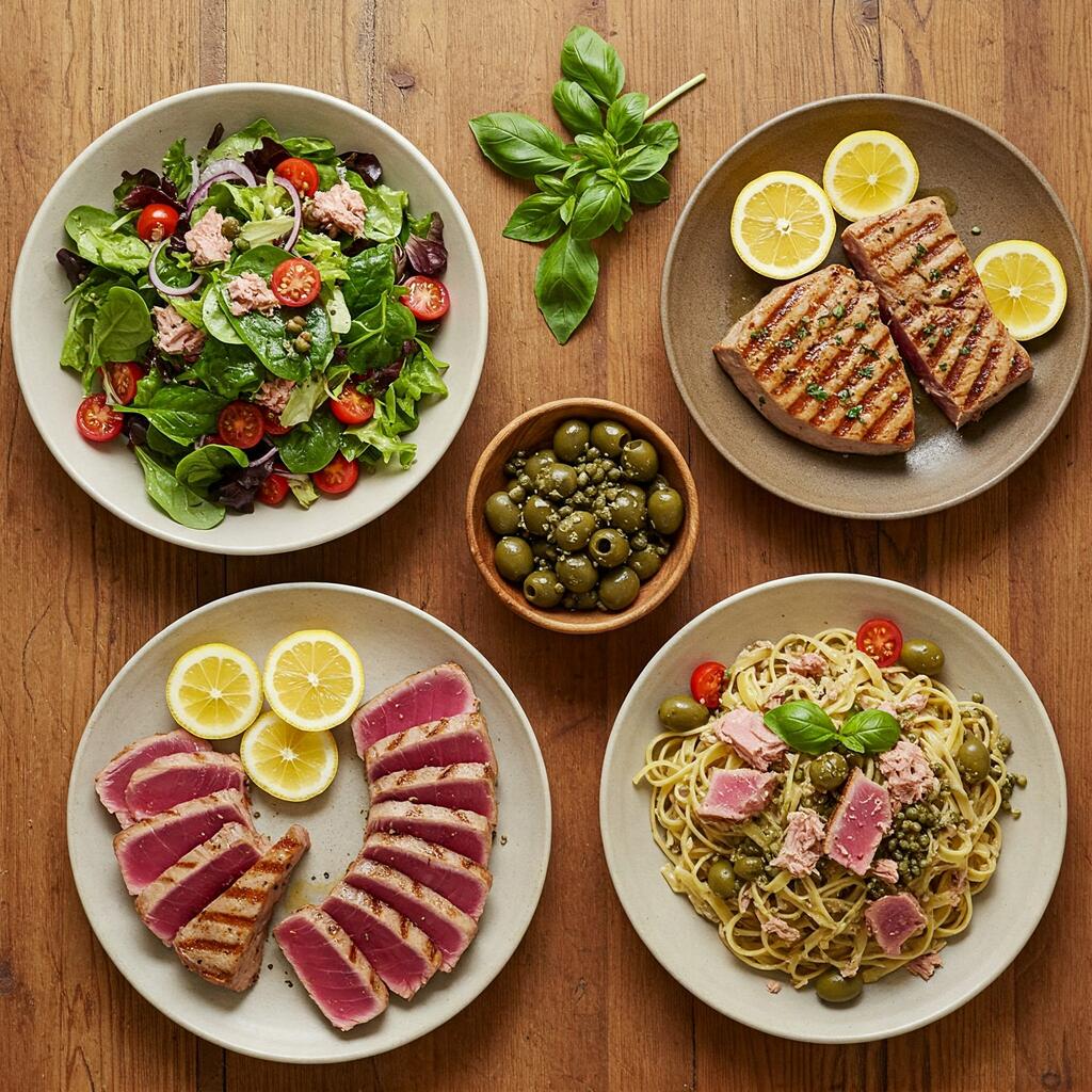 A variety of tuna recipes displayed on a rustic table, including tuna salad, grilled tuna steaks, and tuna pasta, garnished with fresh vegetables and herbs